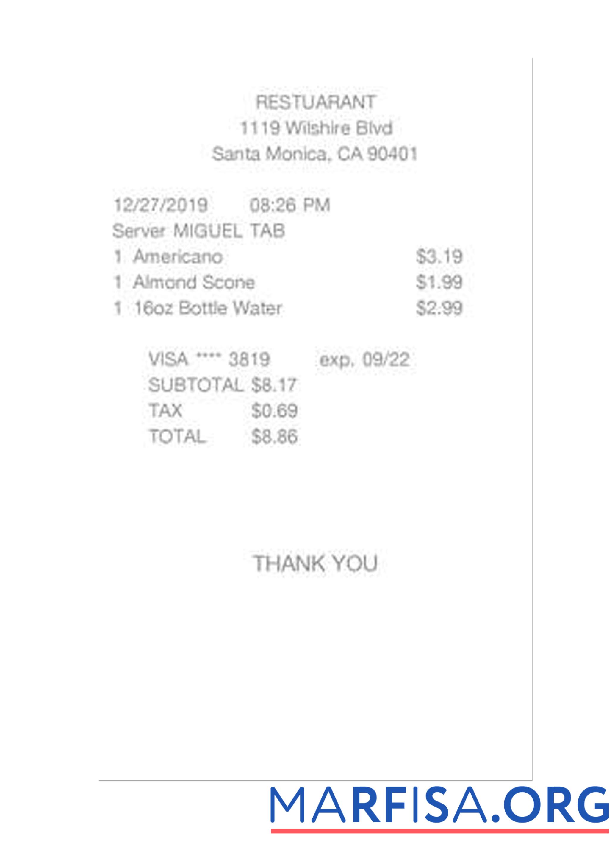 Blank RESTUARANT cash receipt sample